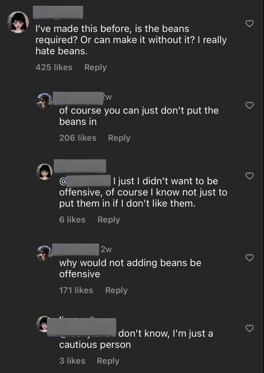 screenshot - I've made this before, is the beans required? Or can make it without it? I really hate beans. 425 2w of course you can just don't put the beans in 206 @ I just I didn't want to be offensive, of course I know not just to put them in if I don't